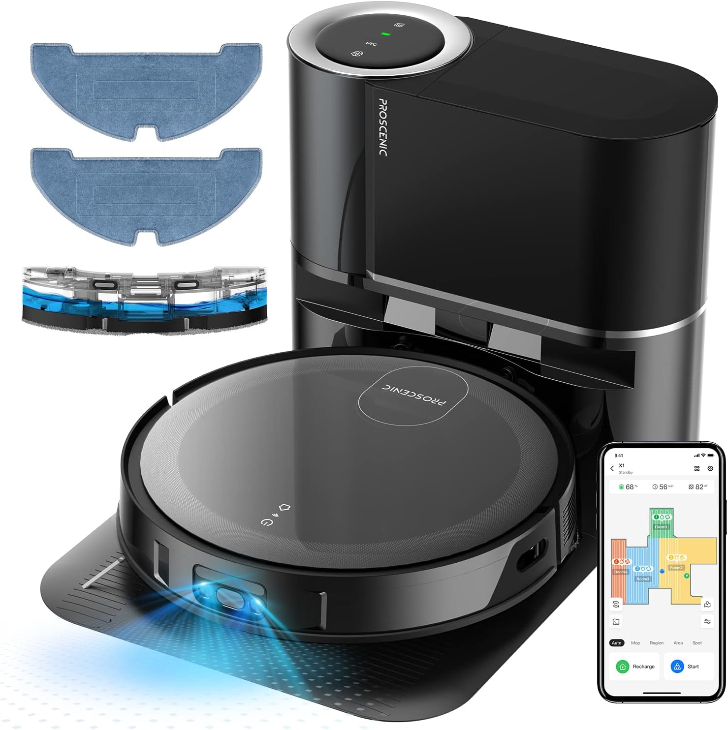 Proscenic Floobot X1 Robot Vacuum and Mop Combo Self Emptying Station,3000Pa Suction Robotic Vacuums, Tailor Your Cleaning via App, 200Mins Runtime