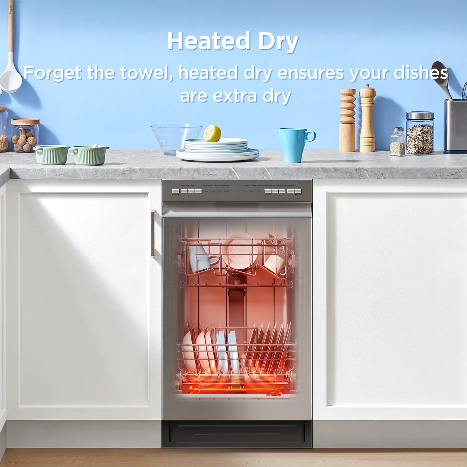 Midea 18" 52 dB Front Control 2-Rack Dishwasher, Stainless Steel Tub, Stainless Steel