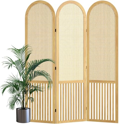 Room Divider and Folding Privacy Screens, Pine Wood 5.6 Ft Double Hinged Rattan Partition Freestanding Wall Room Divider for Home - 3 Panels
