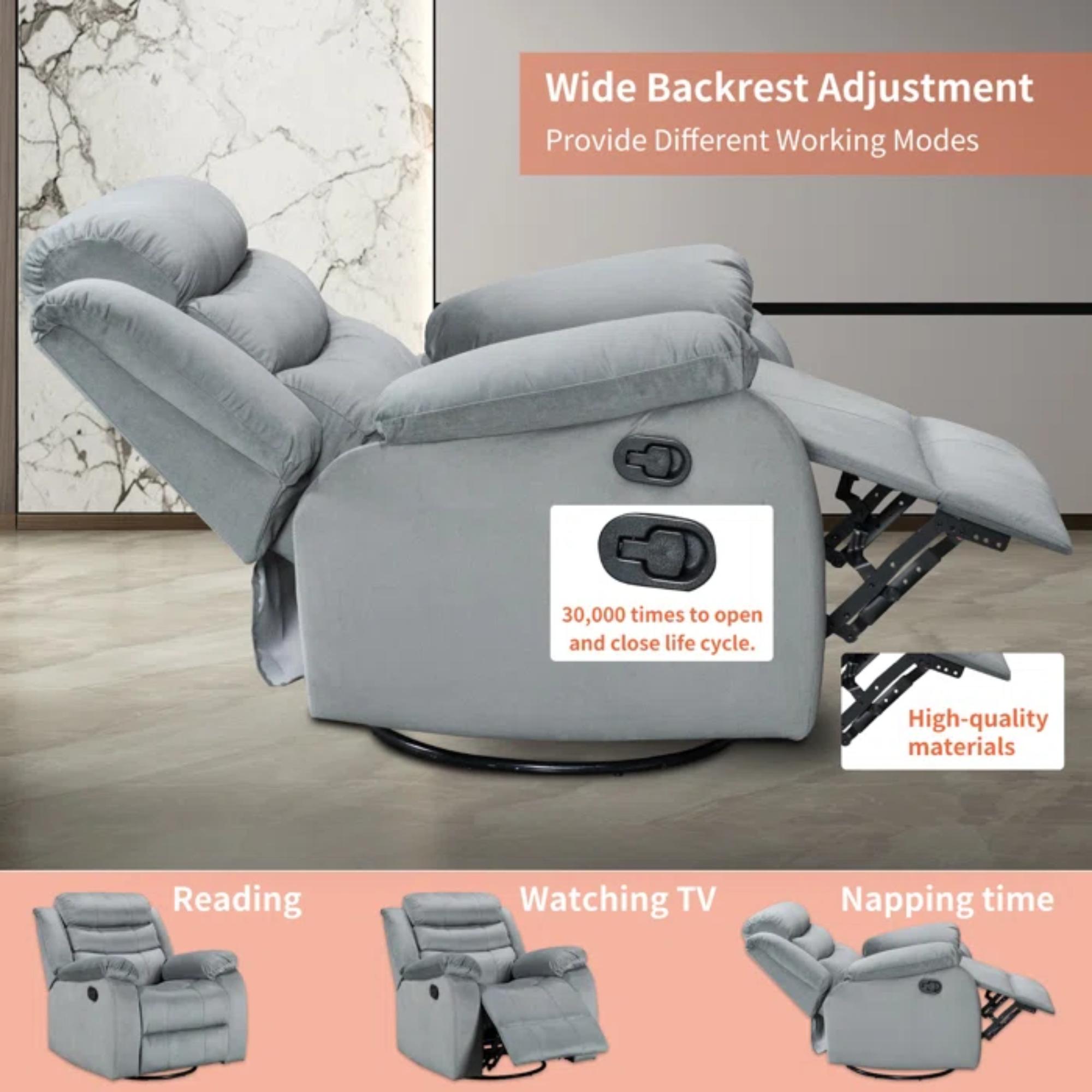 Recliner Rocking Chair With 360 Degree Swivel Ergonomic Lounge Rock Chair Classic Single Sofa Living Room Chair Home Theater Seat in Gray Valvet Color