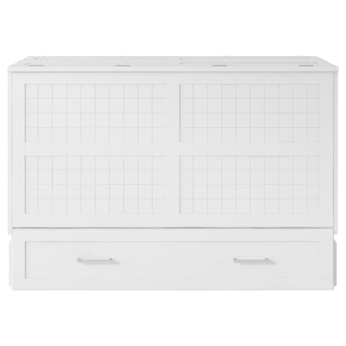 Queen Size Farmhouse Murphy Bed Cabinet with Charging Station, Foldable Platform Bed Frame with 2 Storage Drawers
