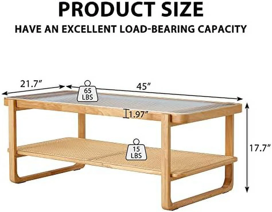 NLIBOOMLife Rattan Coffee Table Rustic Style Wooden Coffee Table Rectangular Wood Coffee Table for Living Room Glass Top Coffee Table with Imitation