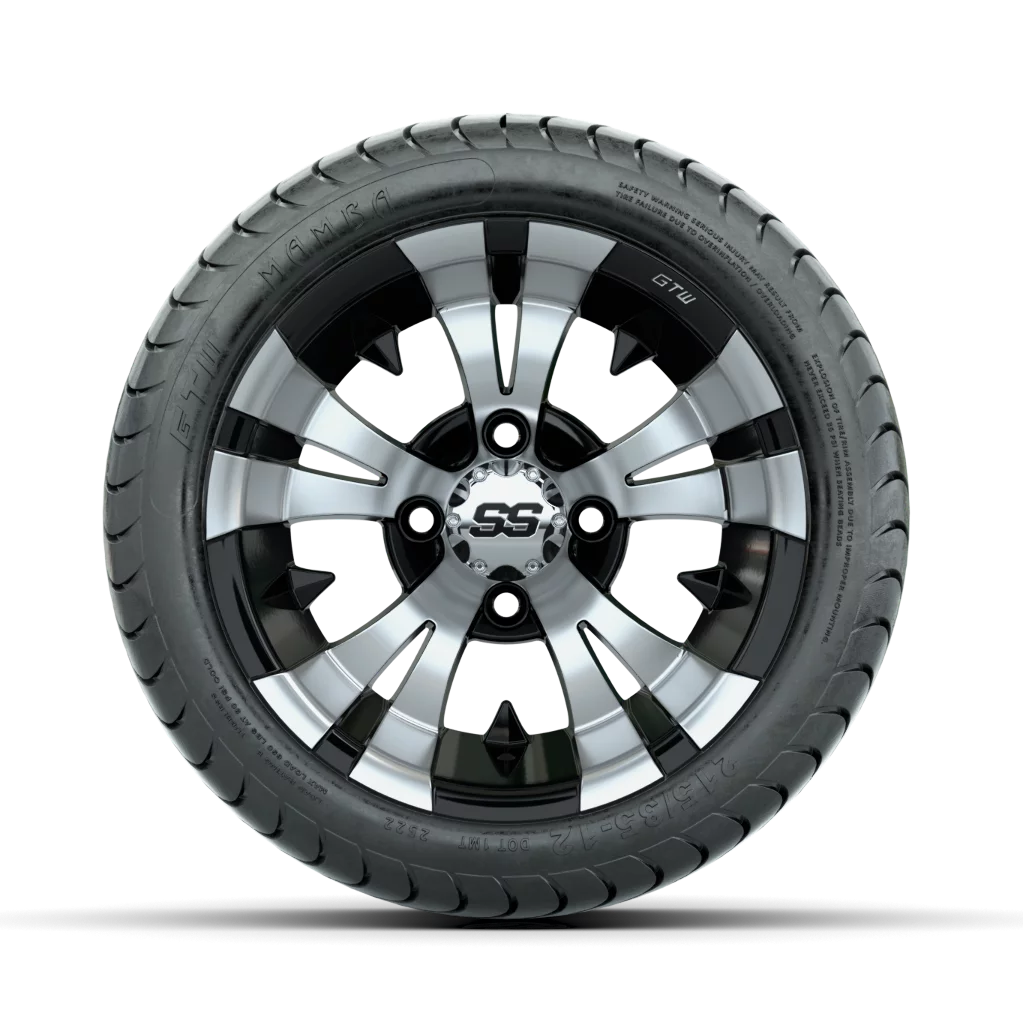 GTW Vampire 12 inch Black/Machined Golf Cart Wheel on 215/35-12 (18") Golf Cart Tire | Set of 4
