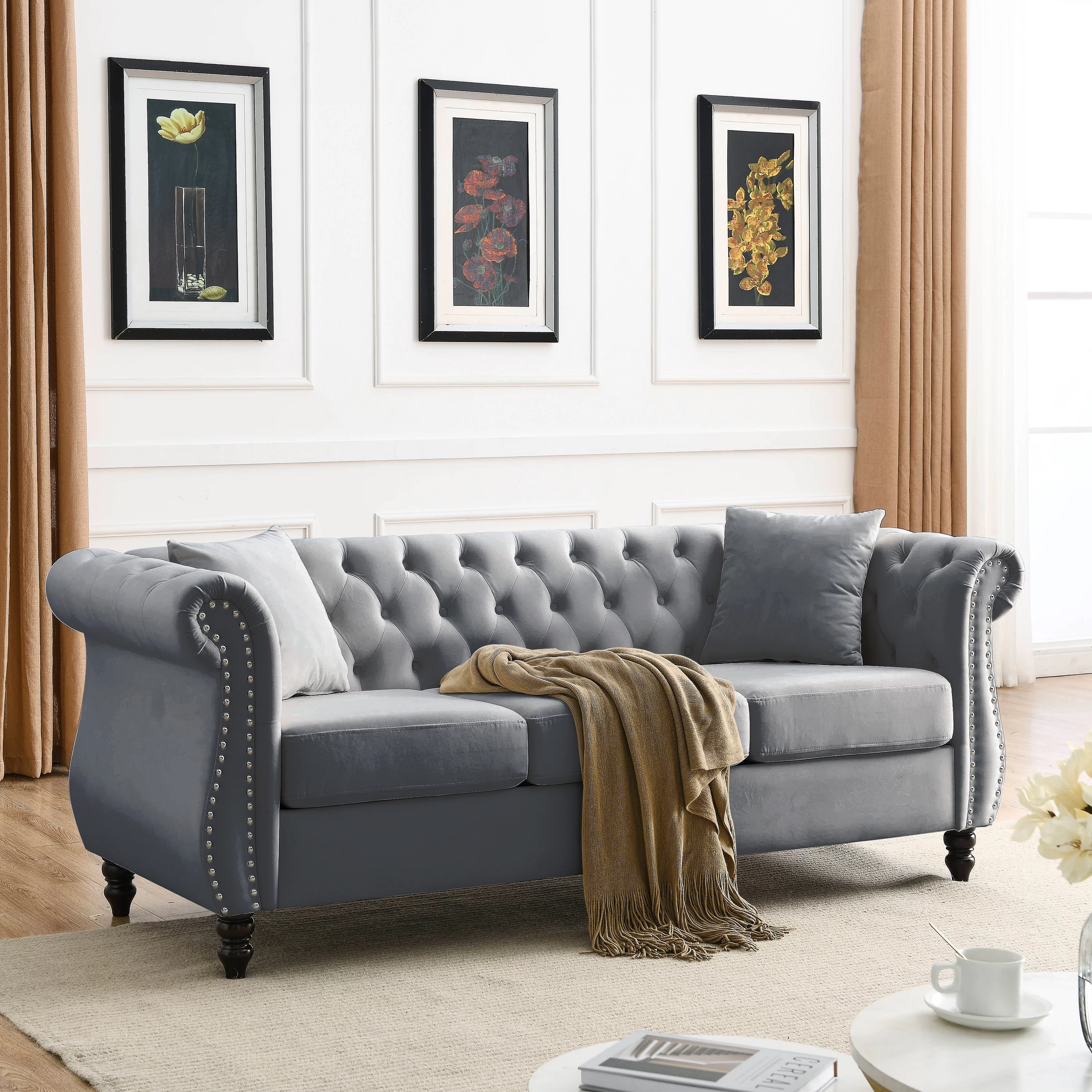 Ufurpie 80" 3-Seater Velvet Chesterfield Sofa with 2 Pillows,Tufted Couch with Rolled Arms and Nailhead,for Living Room,Bedroom,Office,Apartment,Gray