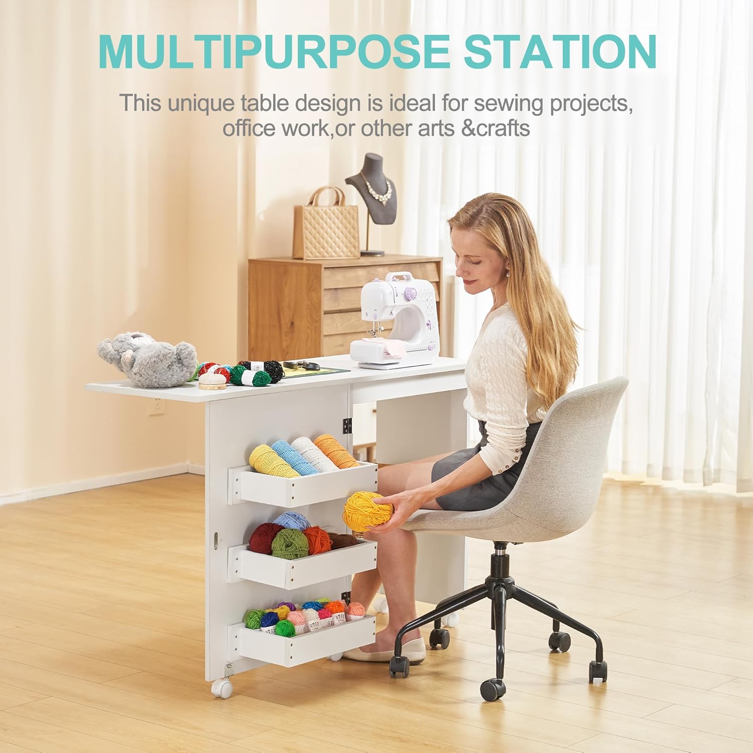 Folding Sewing Table Multipurpose Craft Station Desk Rolling Sewing Cabinet with 3 Storage Shelves Sewing Machine Cart with Lockable Casters (White)