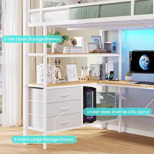 DICTAC Loft Bed Full Size with L-Shaped Desk and Charging Station Full Metal Bed Frame with LED Lights,Open Shelves and 3 Fabric Storage Drawers