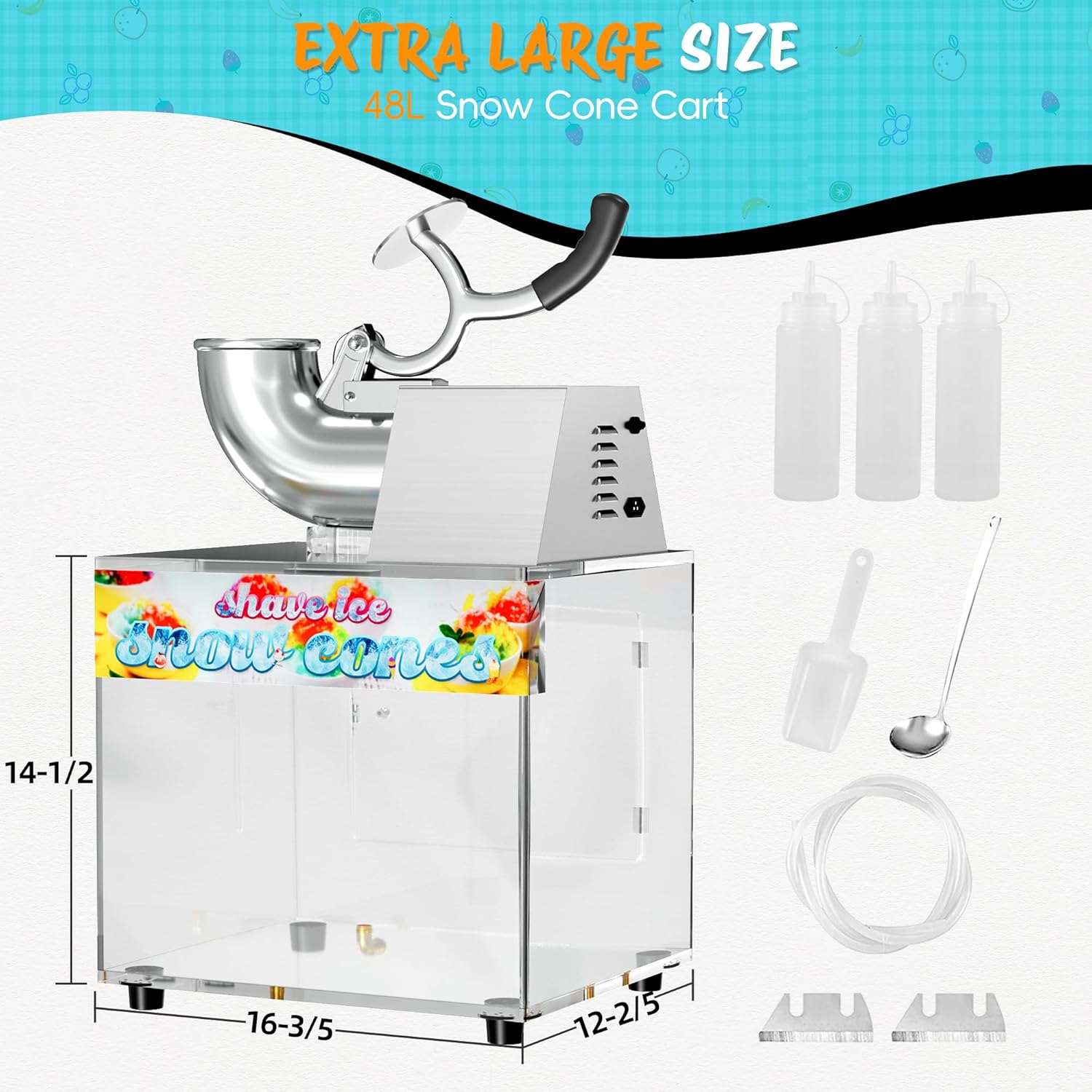 48L Snow Cone Machine, 500LB/H Commercial Shaved Ice Machine for Snow Cones, 300W Electric Fluffy Snow Cone Maker for Party