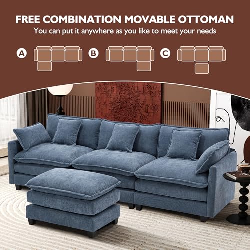 Ihanherry 111.4" U Shaped Modern Cloud Sofa Modular Sectional Couch with 2 Ottoman, 5-Seat Chenille Deep Seat Sofa with Pillow for Living Room