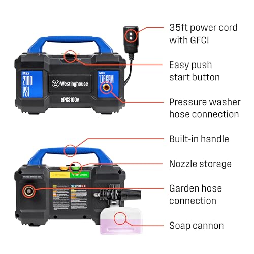 Westinghouse ePX3100v Electric Pressure Washer, 2100 Max PSI 1.76 Max GPM, Built-in Carry Handle, Detachable Foam Cannon, Pro-Style Steel Wand