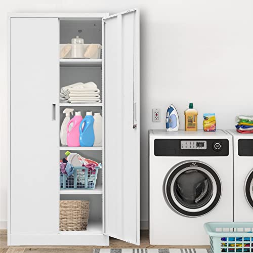 Metal Storage Cabinet, 72" H x 36" W x 18" D Locking Cabinet with Adjustable Shelves, Steel Storage Cabinets for Garage, Home, Office, Pantry (White)