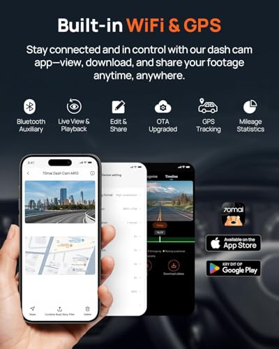 70mai A810 4K Dash Cam Front and Rear, Dual Dash Camera for Cars with Starvis 2 HDR Night Vision, 4G LTE Support, ADAS, Built in GPS & WiFi