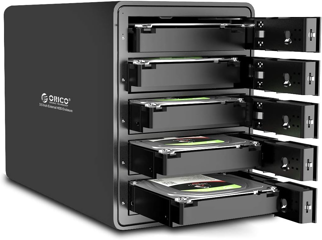 ORICO 5 Bay External Hard Drive Enclosure USB 3.0 3.5 inch Chia Support 80TB (5 x 16TB) Aluminum Alloy HDD Enclosure with Fan / 150W Disk Data