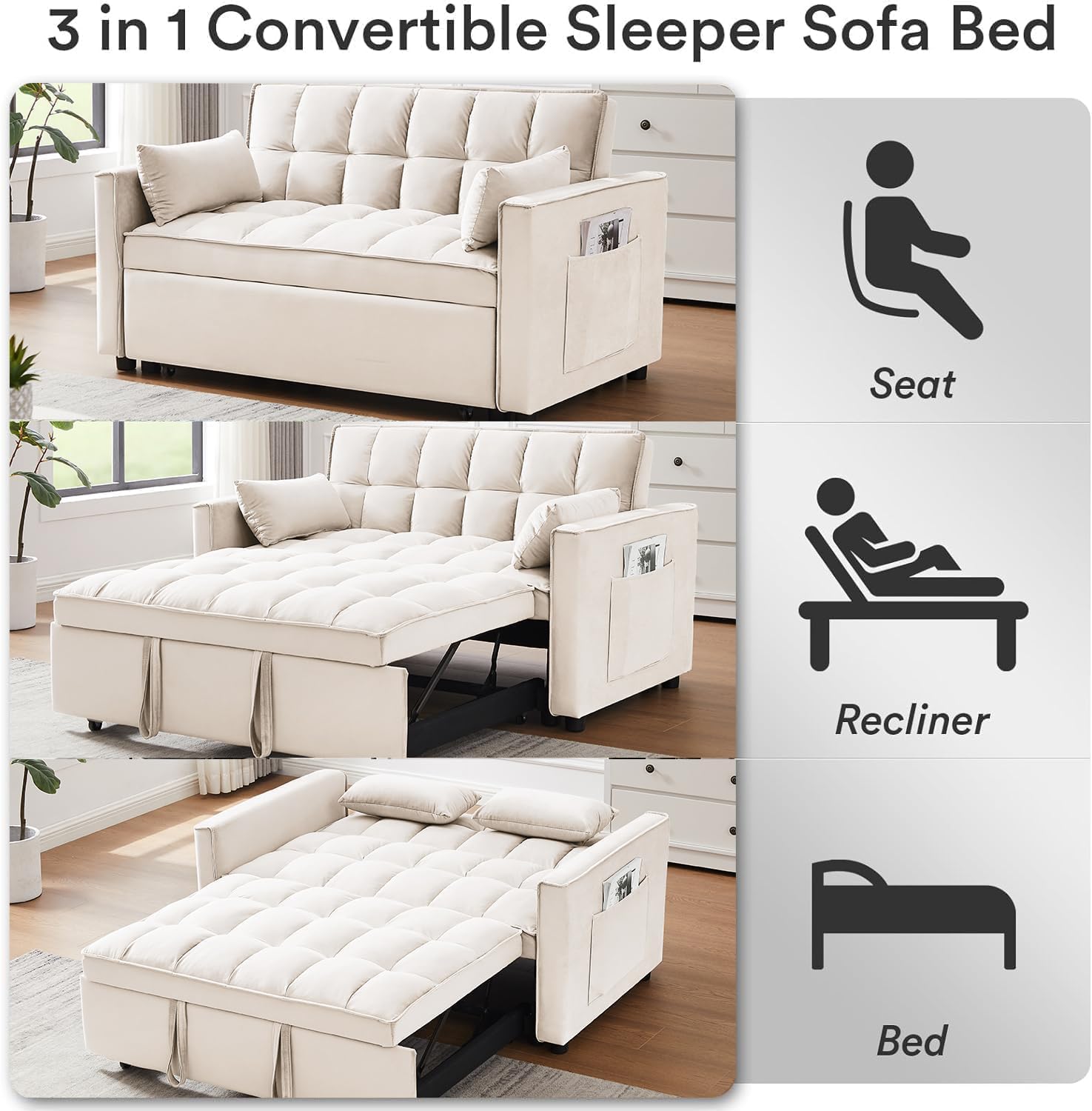 3 in 1 Sleeper Sofa Couch Bed, Velvet Convertible Sofa Bed with Armrests, Storage Pockets & 2 Pillows