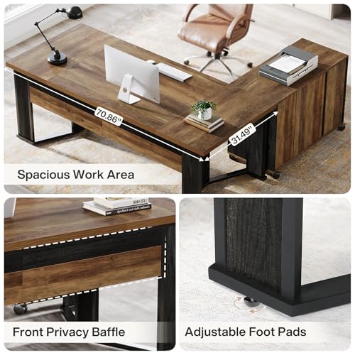 Tribesigns 70.86" Executive Desk with Mobile File Cabinet, Large L Shaped Computer Office Desk with 2 Drawers and Storage Shelves