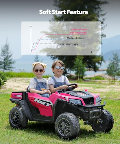ELEMARA 24V Ride on Toy for Big Kid,Ride on Car 2 Seater w/Sun Shade,Dump Bed & Shovel,4.5MPH,4WD Electric Car for Kids,Battery Car w/Remote