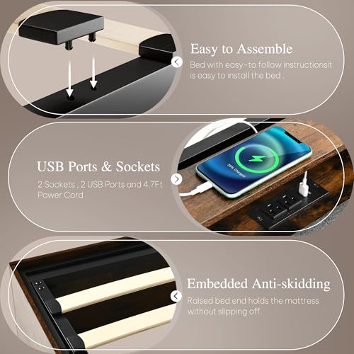 YITAHOME Queen Size Lift Up Bed with Charging Station & RGB LED Lights, PU Leather Upholstered Platform Storage Bookcase Headboard Bed