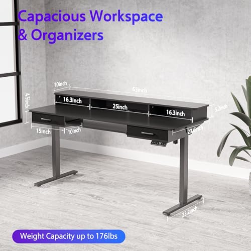 48x24 Inches Electric Standing Desk with 2 Drawers, Height Adjustable Stand up Desk for Home Office, Ergonomic Sit to Stand Table with Storage Shelf
