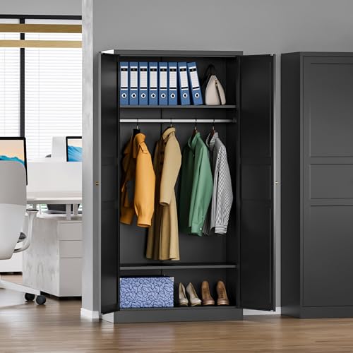 MIIIKO Steel Cabinet Wardrobe, Metal Locker Cabinet with Hanging Rod, Metal Clothing Locker Storage for Home, Office, Garage and Changing Room