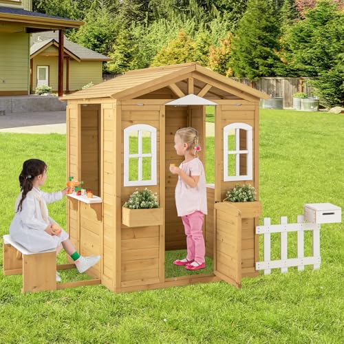 Costzon Outdoor Playhouse, Fir Wood Patio Pretend Play Center w/Bench, Mailbox, Fence, Serving Stations, Flowerpot Holders, Windows & Door