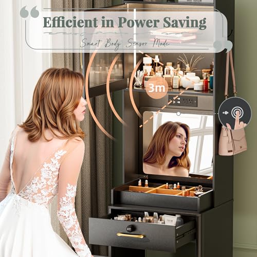 NUNU LAB 42 Inchs Large Vanity Desk with Mirror and Lights with 6 Drawers and 4 Cabinets, Big Women Makeup Table with Power Outlet