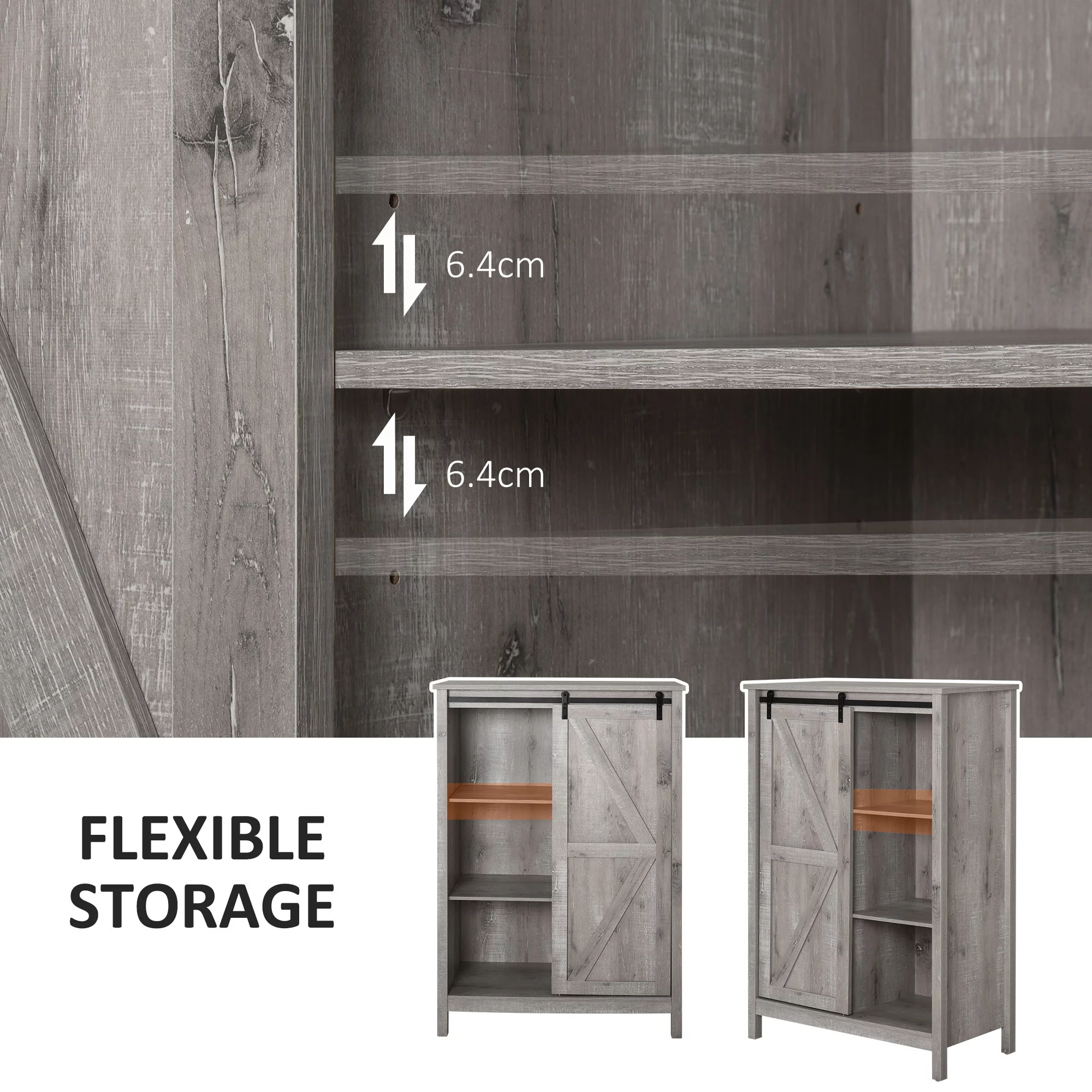 HOMCOM Farmhouse Accent Cabinet, Kitchen Cupboard Storage Cabinet with Barn Door and Adjustable Shelf, Grey Oak