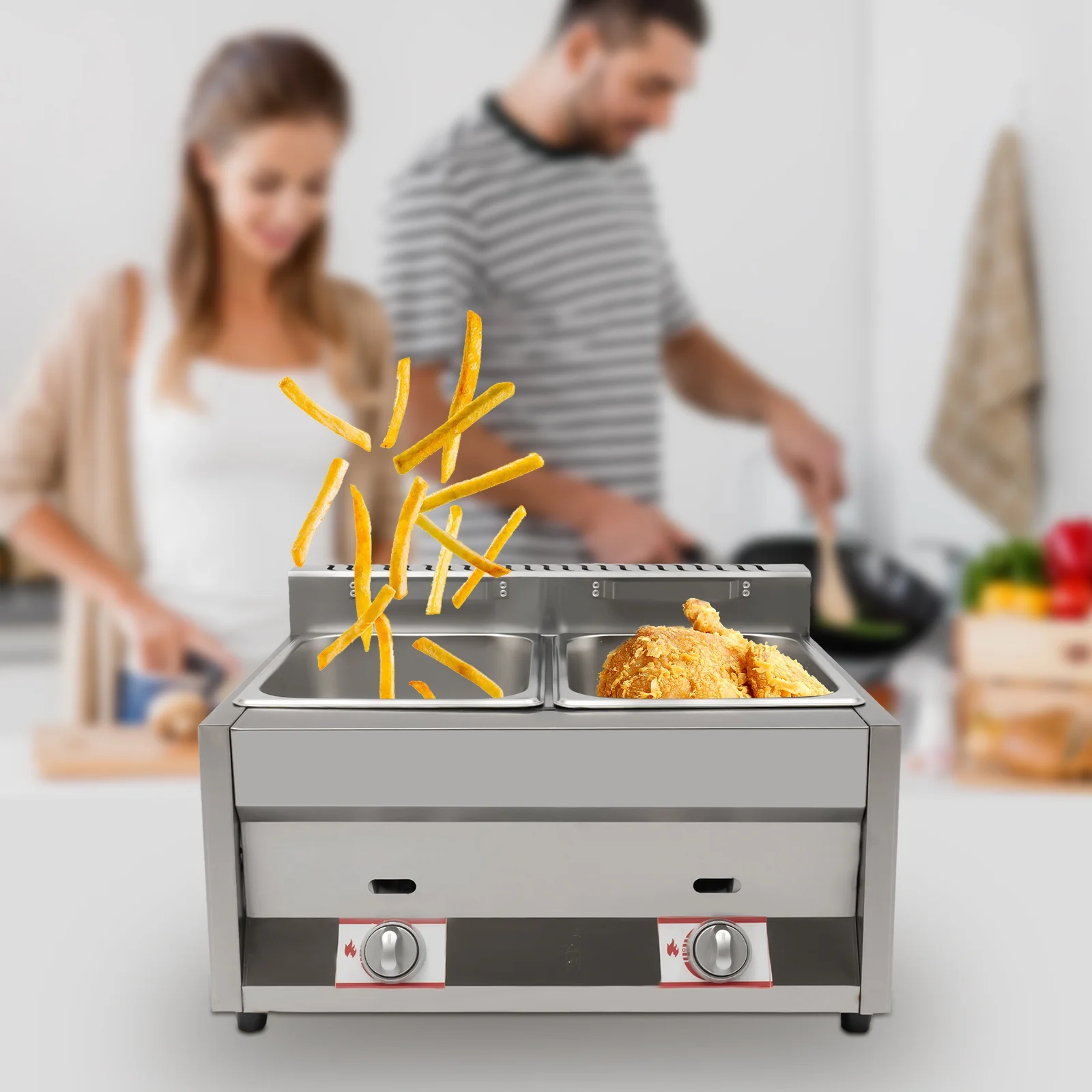 Miumaeov LPG Gas Deep Fryer 2 Burners Commercial Countertop Deep Gas Fryer Natural Gas Food Warmer Stainless Steel 12L for French Fries Restaurant