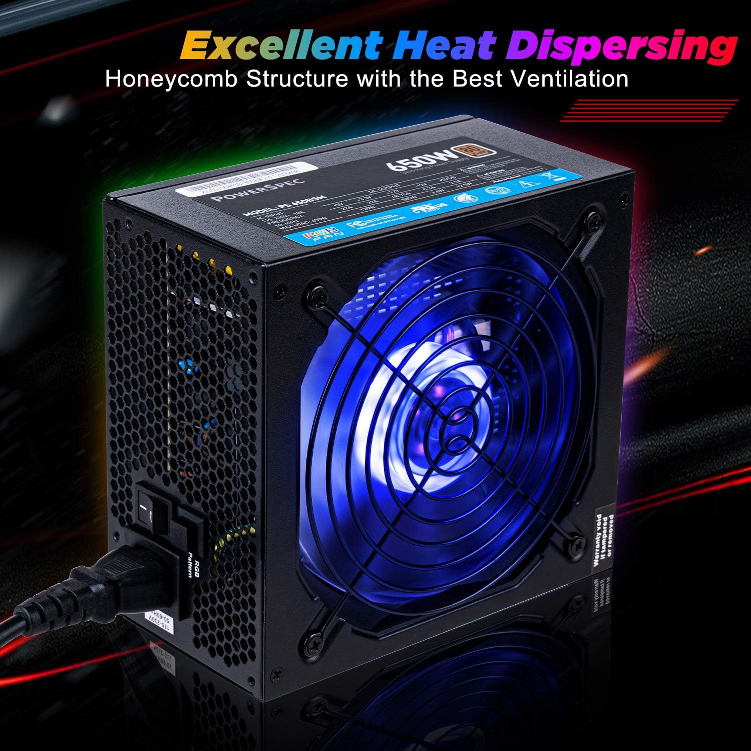 PowerSpec 650W Power Supply 80 Plus Bronze Certified Fixed Cable Non-Modular ATX PSU Active PFC SLI Crossfire Ready Gaming PC Computer Switching