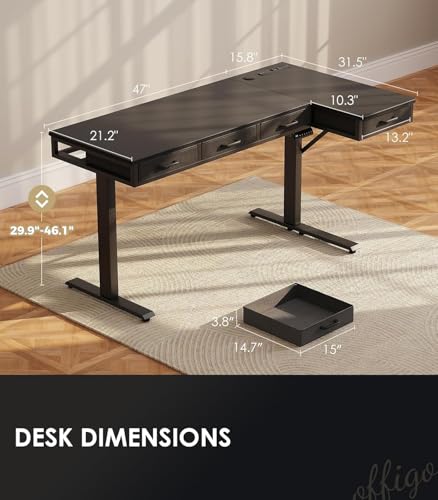 OffiGo 63 Inch L Shaped Electric Standing Desk with Drawers, Height Adjustable Large Desk with Power Outlets, Sit Stand Table