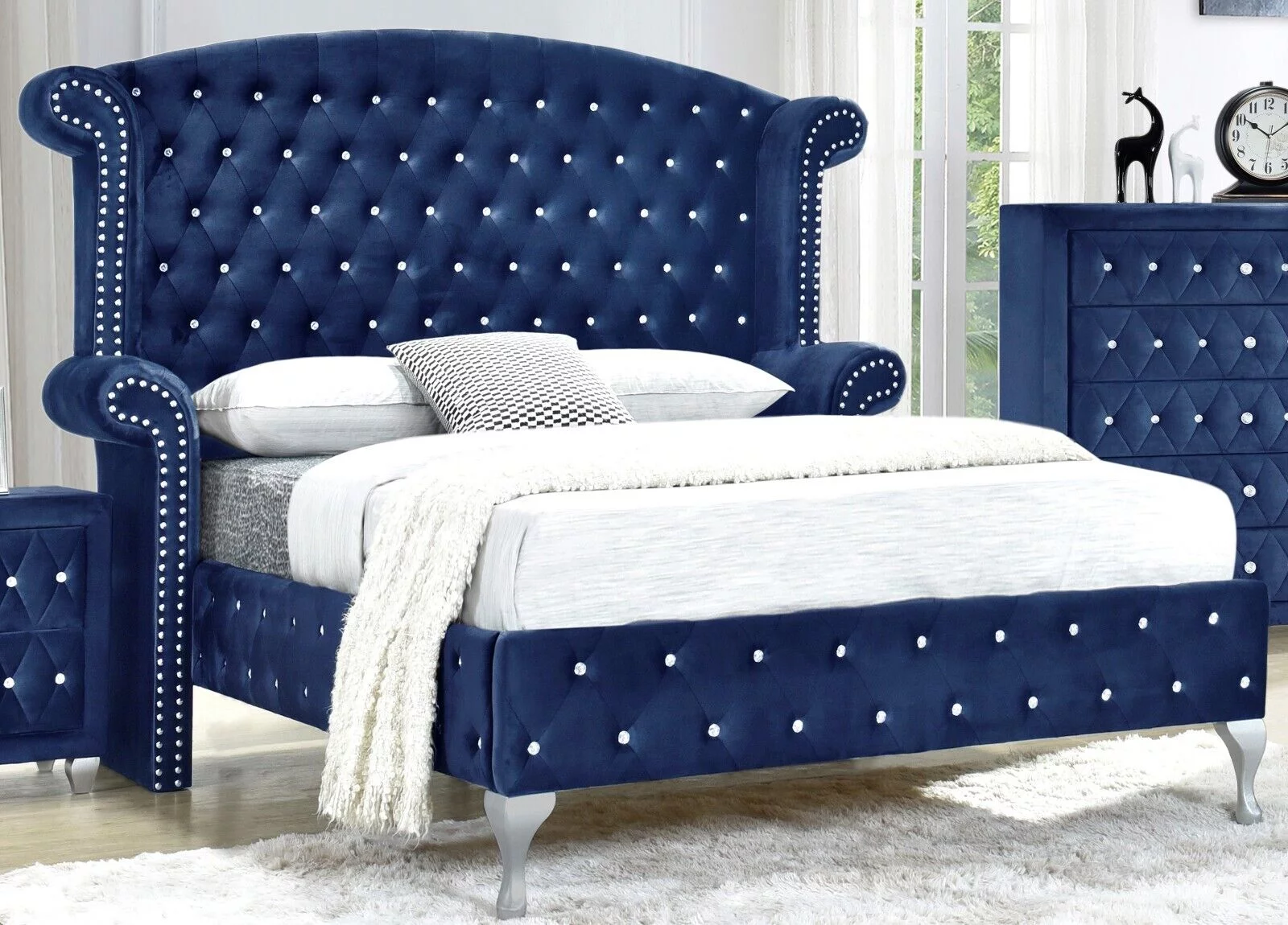 Modern 6Pc King Size Bed Dresser Mirror Nightstand Chest Set Master Bedroom Furniture Blue Velvet