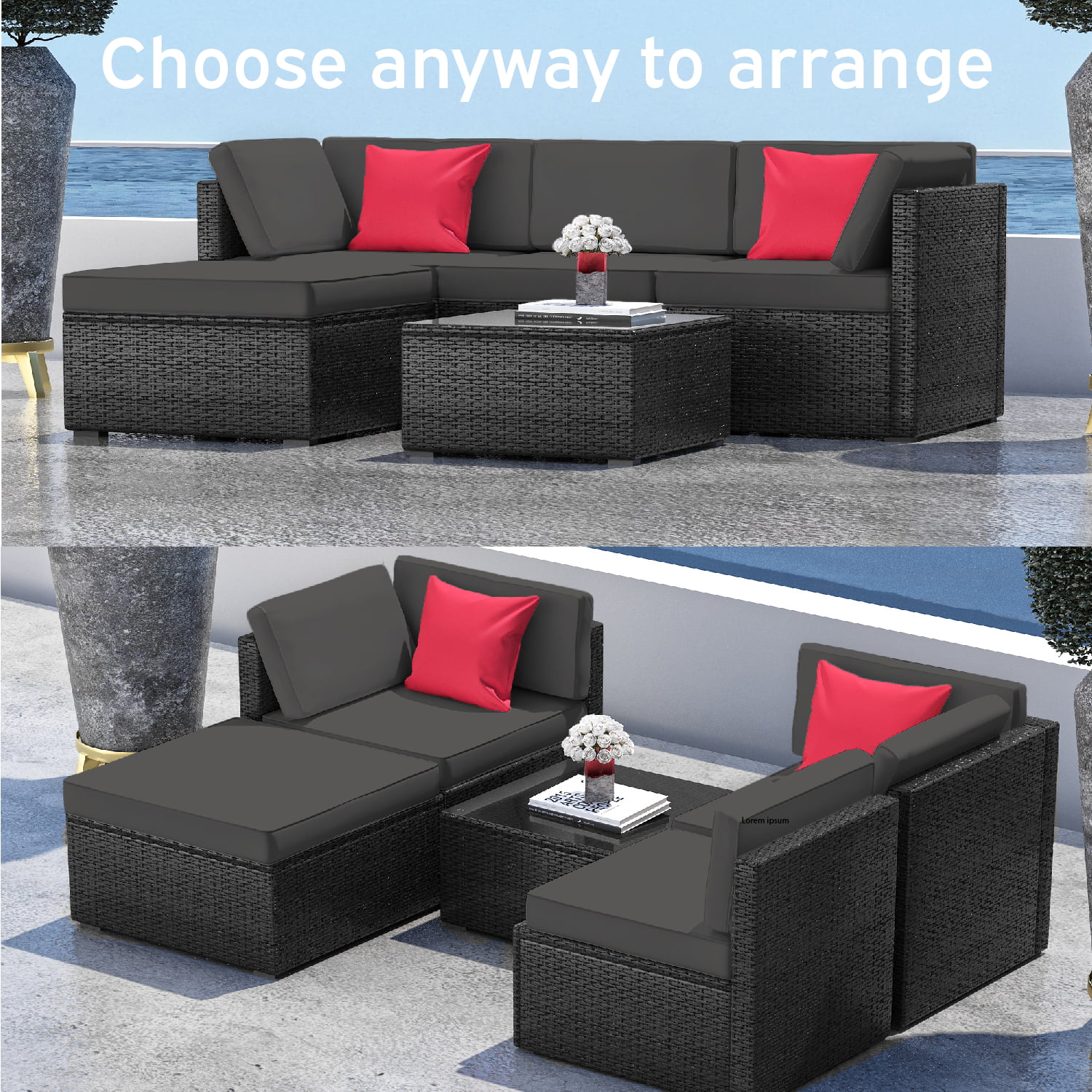 Hearth & Harbor 5-Piece Outdoor Patio Furniture Set, Wicker Patio Sectional Conversation Set, Black/Gray