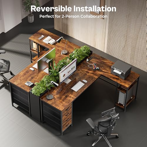 Huuger 63 Inch L Shaped Desk with Fabric Drawers, Reversible Computer Gaming Desk with Power Outlets and USB-C Port, Adjustable Side Storage Shelves