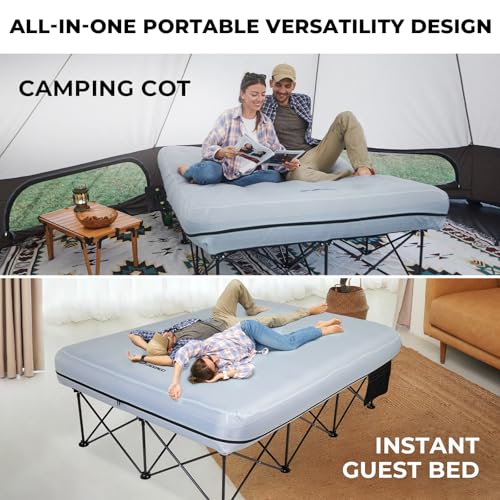 FUNDANGO Queen Camping Cot, 2 Person Folding Airbed Mattress, Double Camp Bed with 2 Cup Holders, Removeable Cover for Adults Outdoor Travel