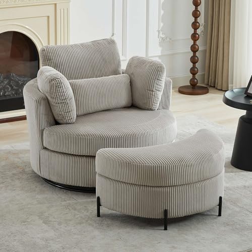 Aoiy & Wifon 42.2" W Oversized Swivel Barrel Chair with Ottoman, Upholstered Round Accent Chair with Storage Ottoman, Chenille, Beige