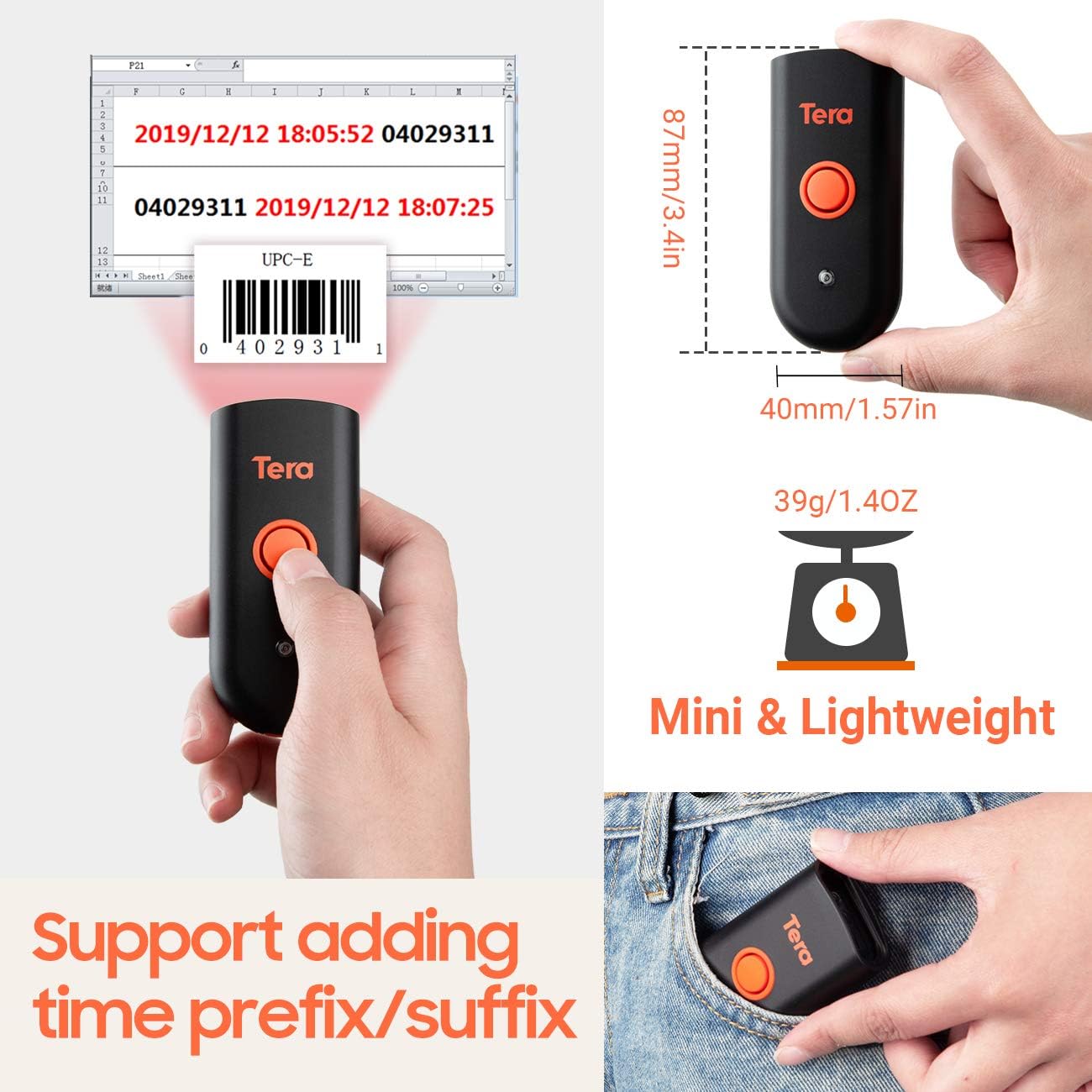 Tera Wireless Barcode Scanner, Waterproof Shockproof Mini Pocket 2D Scanner