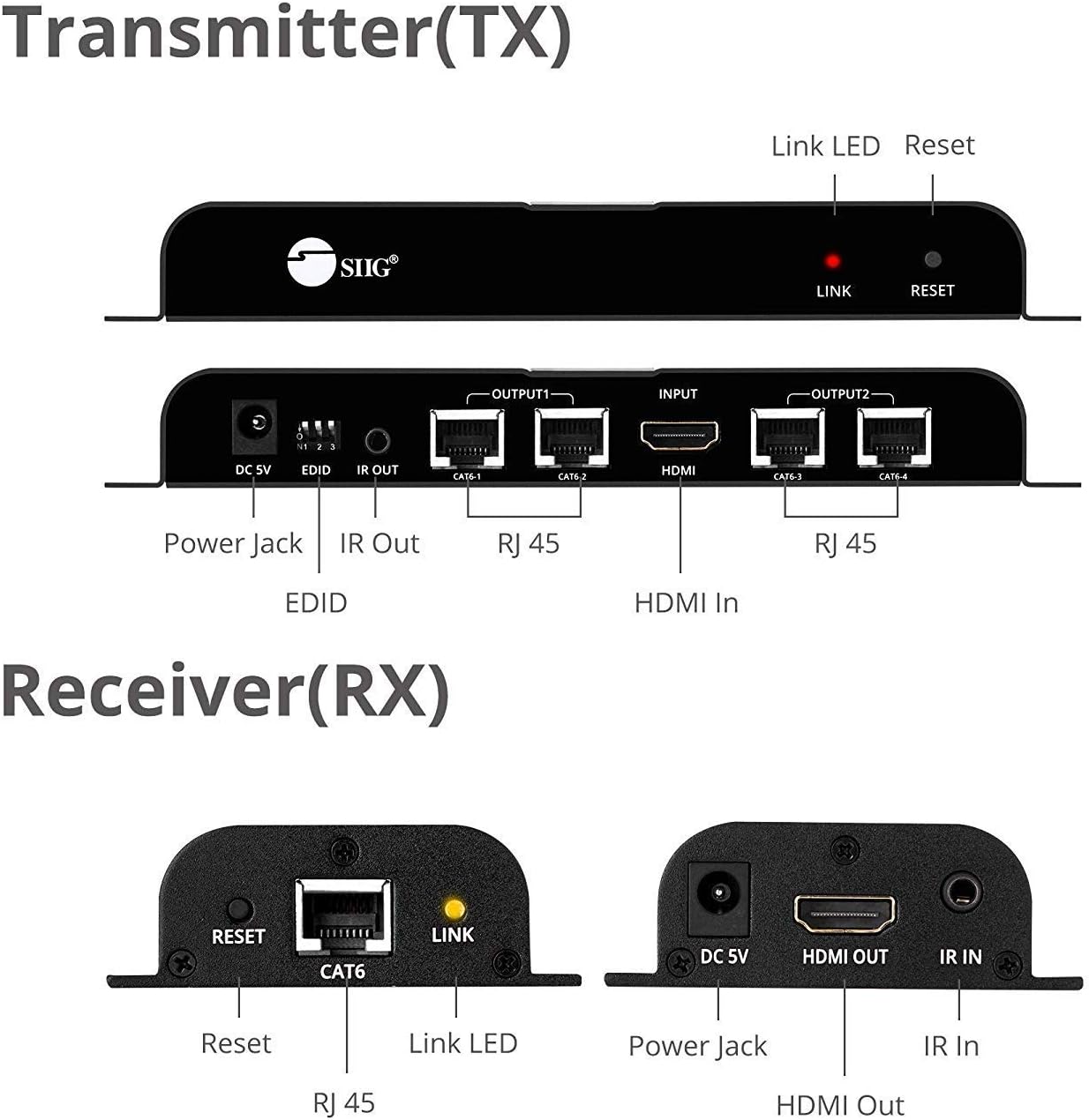 SIIG 1080p HDMI Extender Splitter Over CAT5e/CAT6 Ethernet - Up to 40m (130ft) - 1x4 Port Extender w/ IR Extension and EDID - (1 in 4 Out)