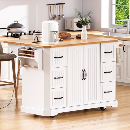 Amposei Rolling Kitchen Storage Island on Wheels with Power Outlet, Drop Leaf Breakfast Bar Kitchen Cart Island Table with Drawers