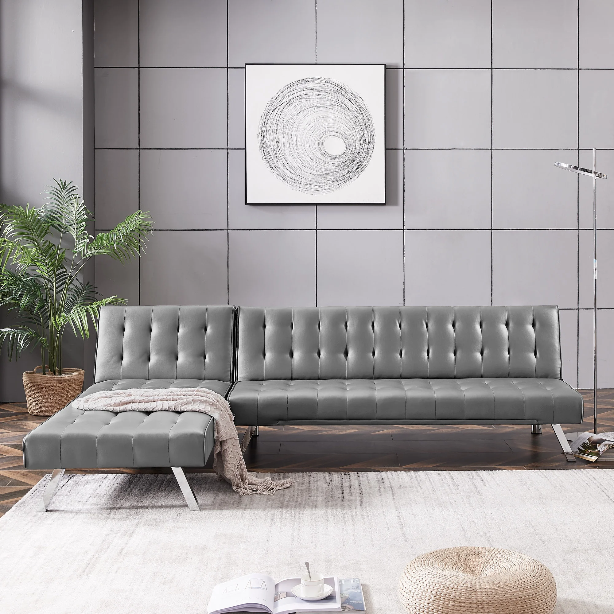 Reversible Sectional Sofa Sleeper Grey Pu With Metal Legs