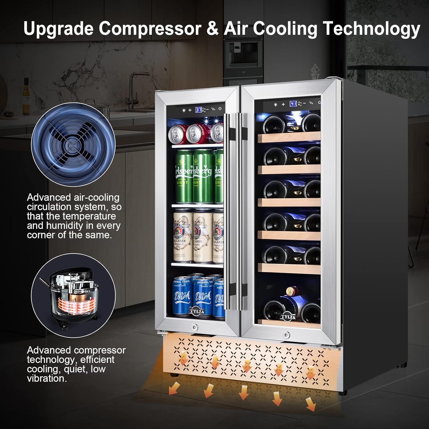 Tylza Wine and Beverage Refrigerator 24 Inch Dual Zone, French Door Wine and Beverage Cooler 24'' Built-In or Freestanding Drink Fridge