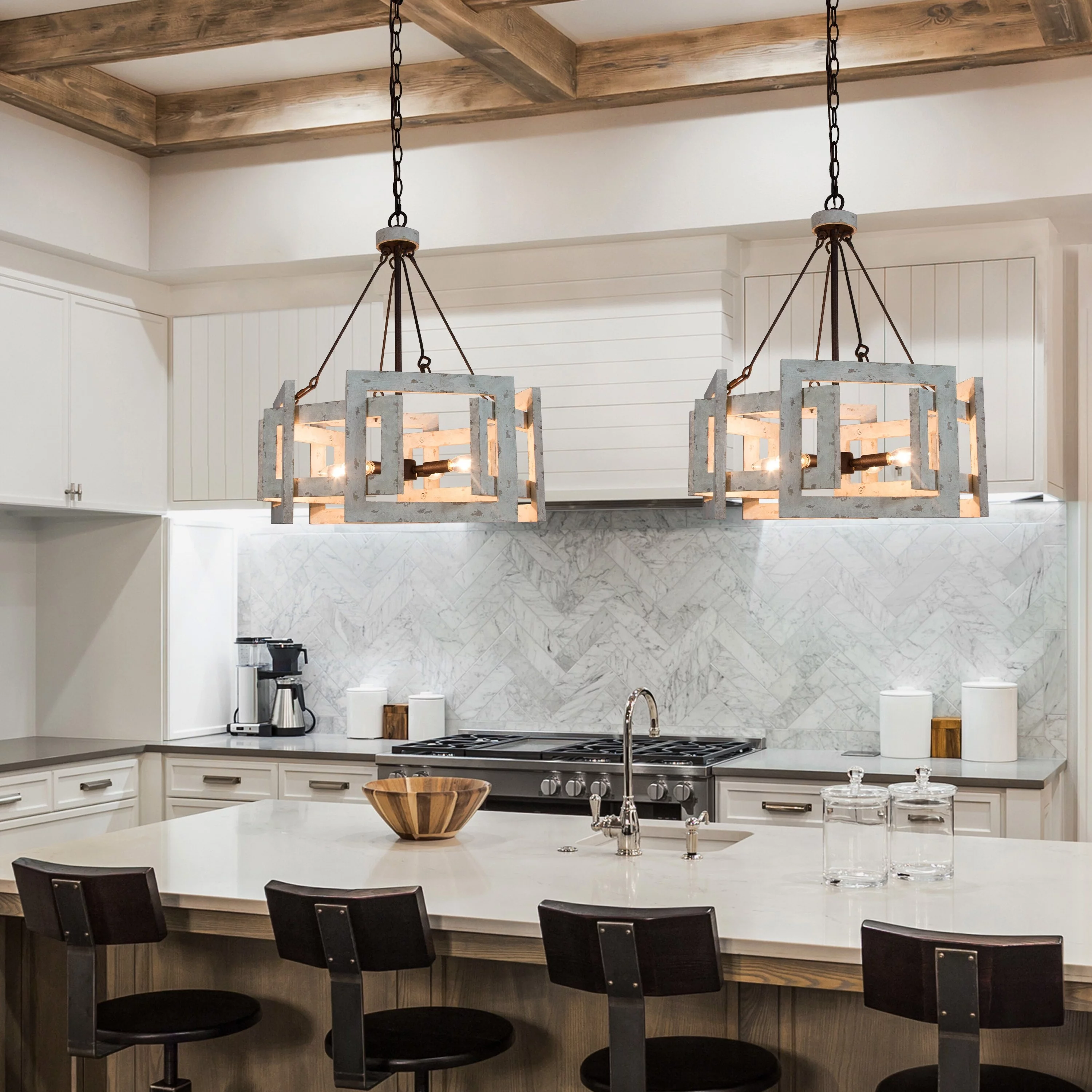 Coastal Rustic 4-light Drum Kitchen Island Chandelier Cottage Wood Ceiling Lights Dining Room Foyer - D 20'' x H 83.5''