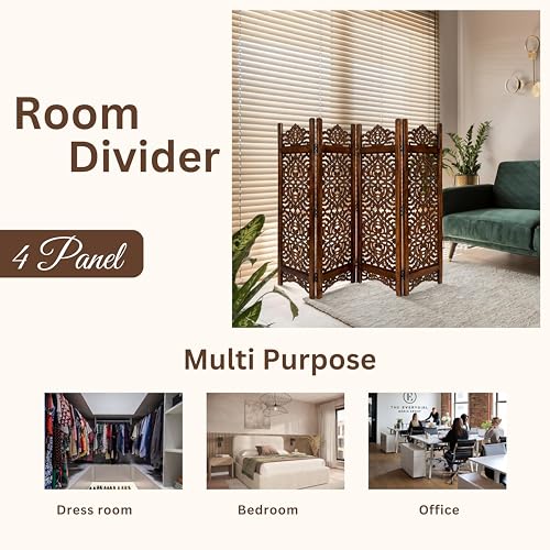 Lightnpro Wooden Room Divider - Handmade Foldable Partition Screen with Intricate Oval Carved Design Hinged