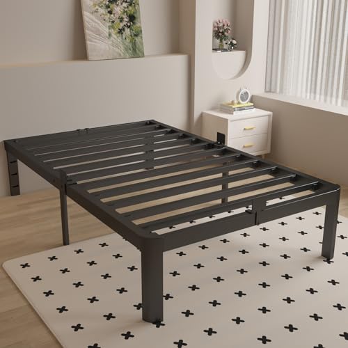Full Size Bed Frame 16 Inch Black, Metal Platform Full Bed Frame with Baffles, No Box Spring Needed, Heavy Duty Steel Supprt, Rounded Corner Design