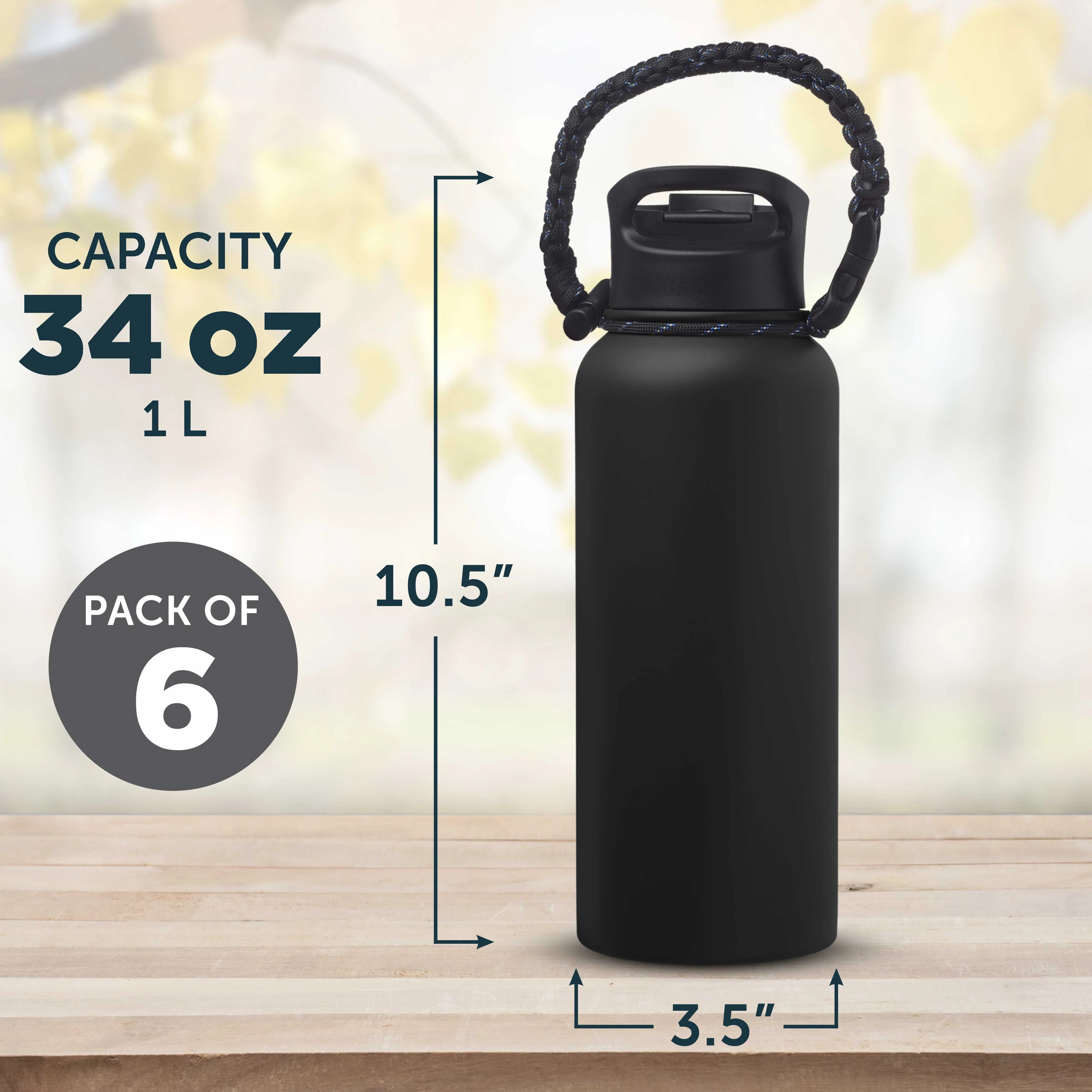 6 Vulcan Stainless Steel Water Bottles with Strap Set, 34 oz. - Double Wall, Vacuum Insulated - Black
