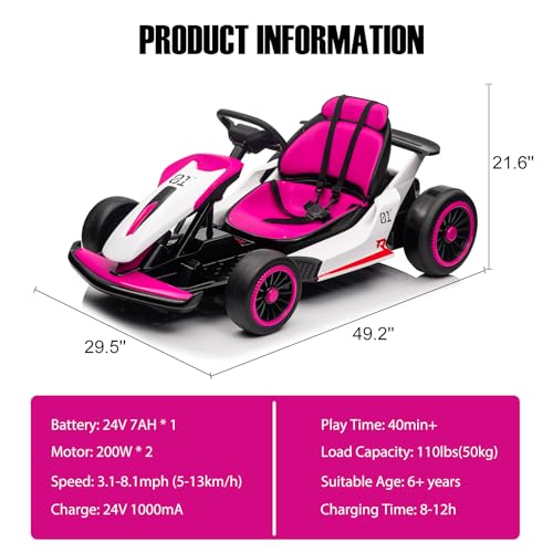 24V Go Kart for Kids, Electric Drift Kart with 2X200W Motor, 7AH Battery, Drift Function, Electric Pedals, and Safety Belt