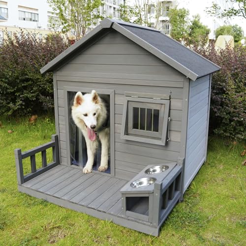 Outdoor Wooden Dog House,Waterproof Kennel with Deck and Sloped Roof,High Stability Pet Dog Cage for Small/Medium Puppy