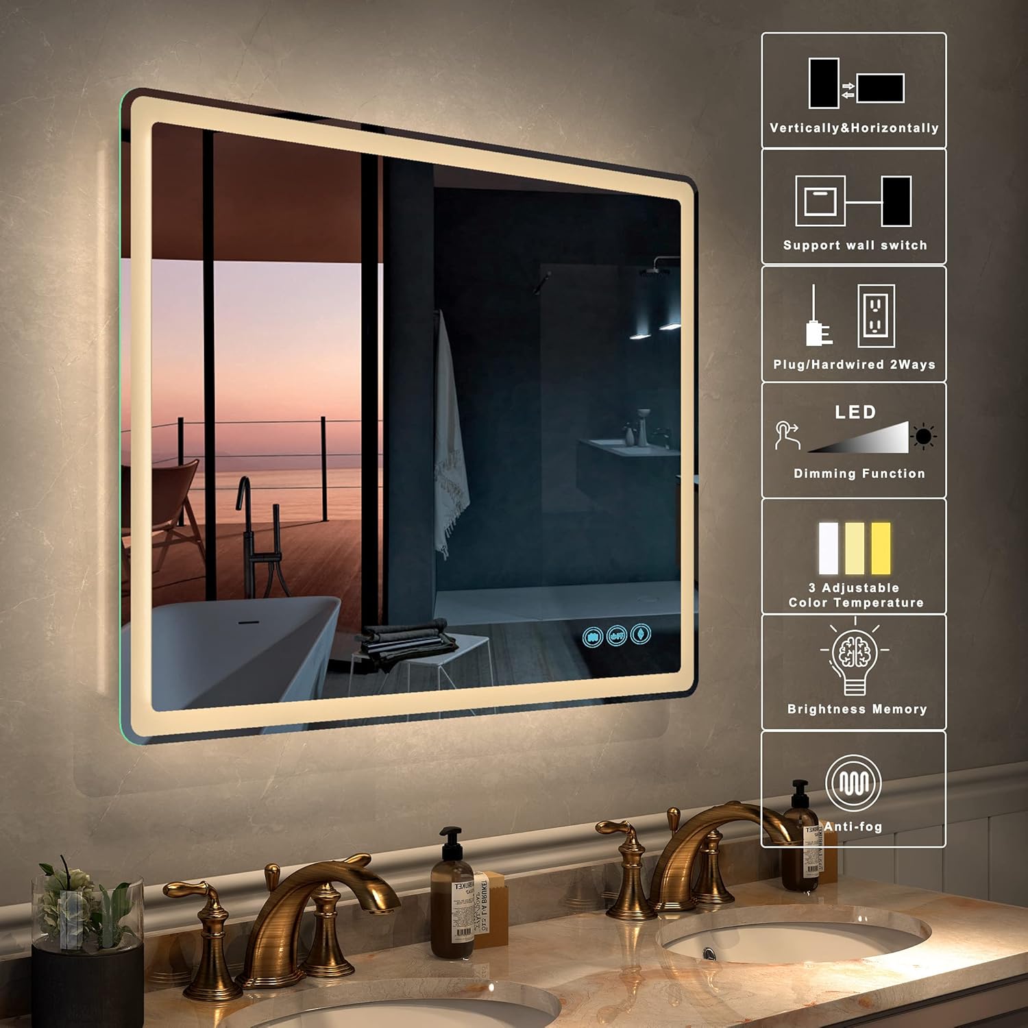LED Bathroom Mirror for Wall - JORYOO 36x24 Inch Anti-Fog Bathroom Mirror with Lights - Lighted Bathroom Mirror