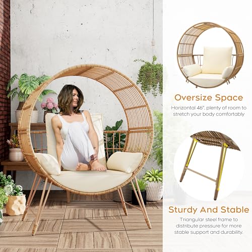 Brafab Outdoor Egg Chair, Oversized Wicker Patio Chairs with 6.69'' Cushions, 350LBS Capacity, Indoor Round Rattan Nest Chair with Stand