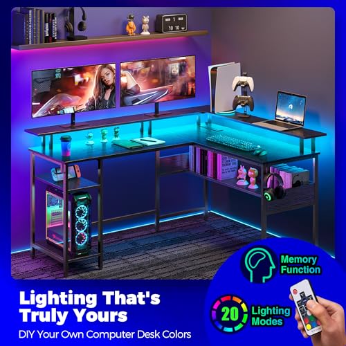 Rolanstar Computer Desk 56.7" with LED Lights and Power Outlets, Carbon Fiber Surface, Reversible L Shaped Gaming Desk with Monitor Stand
