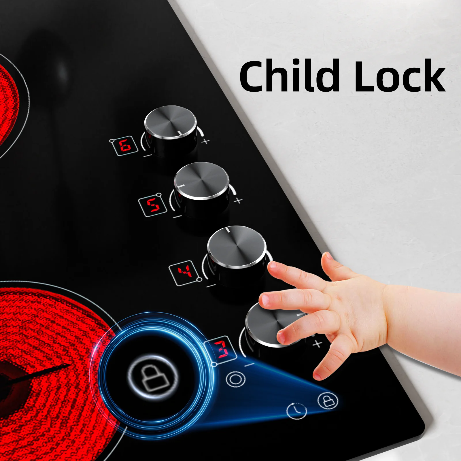 IsEasy Electric Cooktop 24 Inch, 4 Burners 220-240V 7500W with Knobs, 9 Heating Levels, Timer, Child Lock, Hard Wired, No Plug