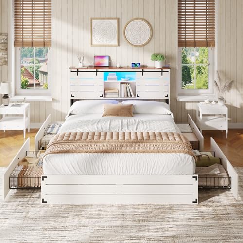 VIAGDO Wooden Bed Frame Queen Size with Bookcase Headboard and Sliding Barn Door, Farmhouse Queen Bed Frame with Charging Station