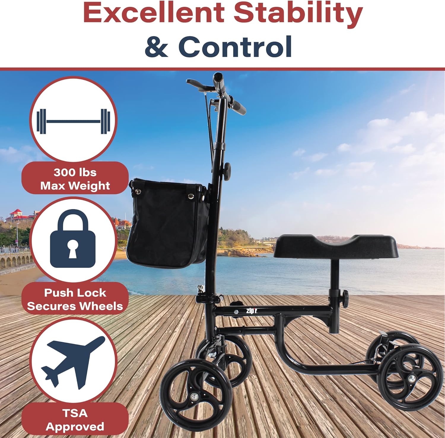 Zipr Coaster Medical Knee Scooter - Portable Knee Roller Scooter - Knee Walker Scooter with Removable Storage Bag - Steerable Knee Scooter Crutch